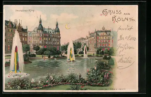 Künstler-AK Köln-Neustadt, Strasse Deutscher Ring und Teich mit Fontänen bei Mondschein, Halt gegen das Licht