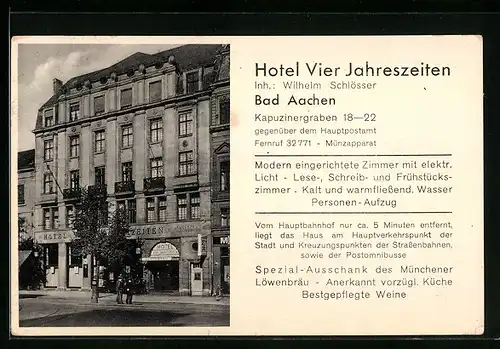 AK Bad Aachen, Hotel Vier Jahreszeiten von Wilhelm Schlösser, Kapuzinergraben 18-22