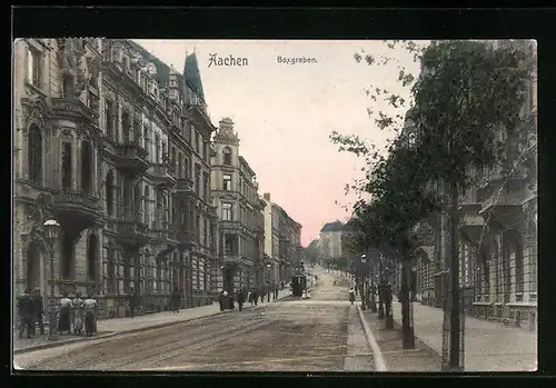 AK Aachen, Strasse Boxgraben mit Strassenbahn