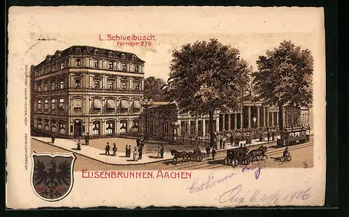 Künstler-AK Aachen, Gasthaus Elisenbrunnen mit Strassenbahn, Wappen