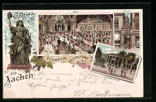 Lithographie Aachen, Innenansicht Saal des Germania-Restaurants, Entree, Elisenbrunnen