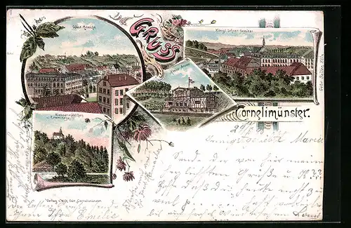 Lithographie Cornelimünster, Kneippanstalt, Klauserwaldchen und Eremitage, Königliches Lehrer-Seminar