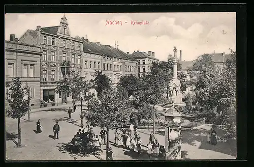 AK Aachen, Rehnplatz mit Denkmal und Litfasssäule