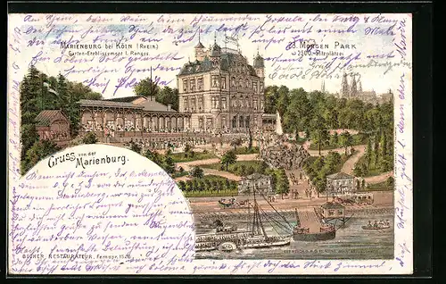Lithographie Köln, Garten-Restaurant Marienburg mit Dampfer