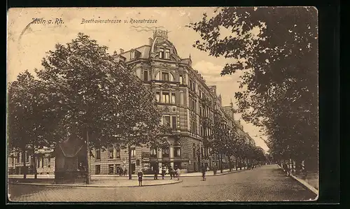 AK Köln a. Rh., Beethovenstrasse und Roonstrasse mit Lebensmittelgeschäft