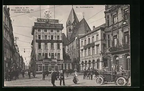 AK Köln a. Rh., Komödienstrasse mit Hotel National, Hotel Ewige Lampe & De l`Europe und St. Andreaskirche