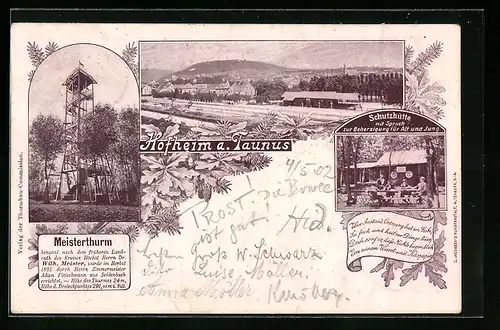 AK Hofheim a. Taunus, Gasthaus Schutzhütte, Meisterturm, Ortspartie