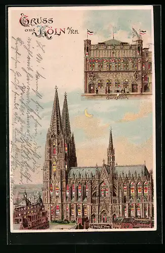 Lithographie Köln, Dom und Gürzenich, Halt gegen das Licht mit leuchtenden Fenstern des Doms