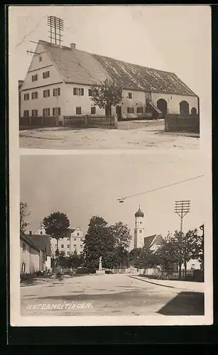 AK Untermeitingen, Weisses Bauernhaus mit Förderband, Ortspartie mit Kirche