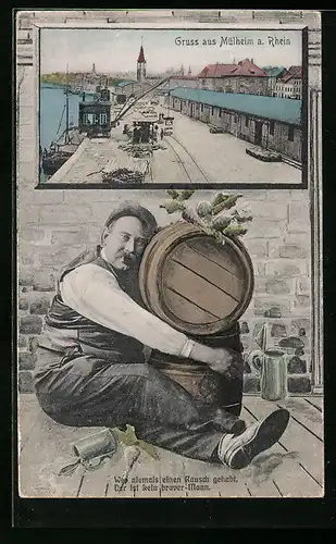 AK Mülheim /Rh., Hafen mit Ortspartie, Trinker mit Bierfass