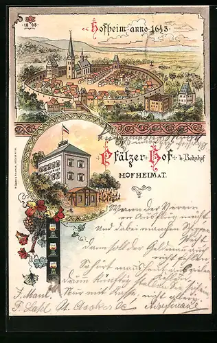 Lithographie Hofheim a. T., Ortsansicht anno 1643, Gasthaus Pfälzer Hof beim Bahnhof