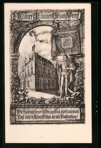 Künstler-AK Köln, Haus des Kölner Männer-Gesang-Vereins Wolkenburg, Sänger mit Fahne