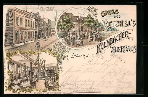 Lithographie Lübeck, Gasthof Reichels Kulbacher-Bierhaus in der Fleischhauerstrasse 16, mit Garten und Gastraum