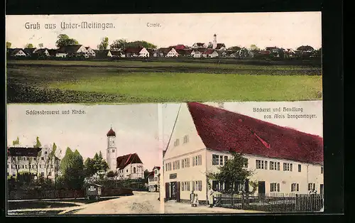 AK Unter-Meitingen, Totalansicht, Schlossbrauerei und Kirche, Bäckerei und Handlung Alois Langenmayer