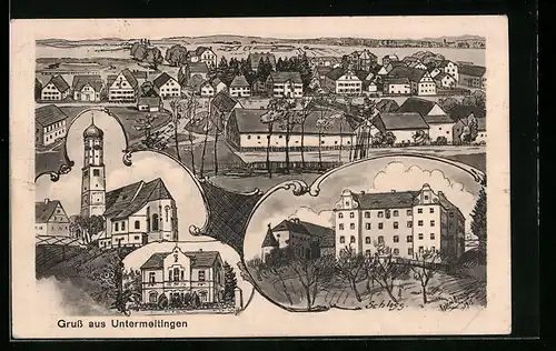 Künstler-AK Untermeitingen, Ortsansicht aus der Vogelschau, Kirche, Schloss