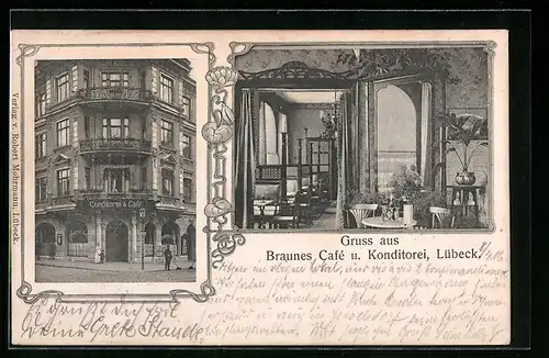 AK Lübeck, Braunes Cafe und Konditorei, Strassen- und Innenansicht