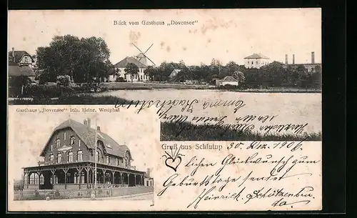AK Lübeck-Schlutup, Gasthaus Dovensee von Heinr. Westphal, Panorama mit Windmühle