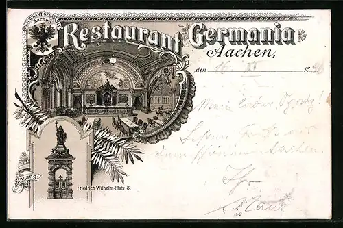 Lithographie Aachen, Restaurant Germania, Friedrich-Wilhelm-Platz 8, Innenansicht, Eingang, Wappen