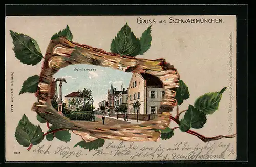 Passepartout-Lithographie Schwabmünchen, Schulstrasse im Birkenrinden-Passepartout