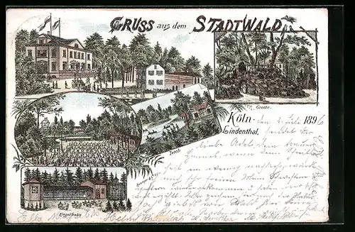 Lithographie Köln-Lindenthal, Gasthaus Stadtwald, Kegelbahn, Teich