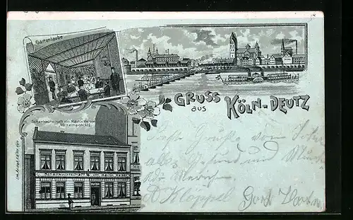 Mondschein-Lithographie Köln-Deutz, Schenkwirtschaft von Martin Weiser, Mülheimerstr. 232, Dampfer