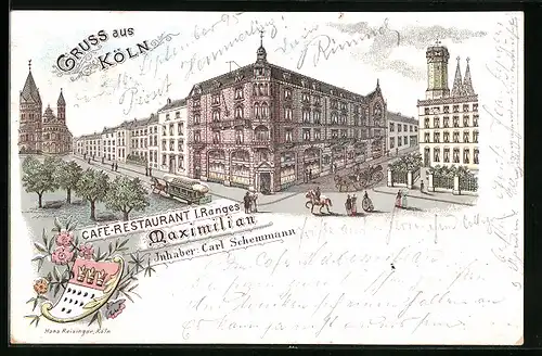 Vorläufer-Lithographie Köln, 1895, Cafe-Restaurant I. Ranges Maximilian von Carl Schemmann