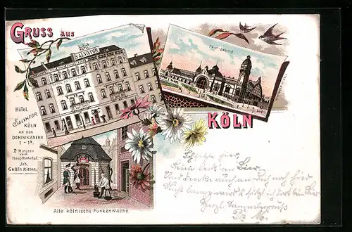 Lithographie Köln, Hotel Salvator an den Dominikanern 1-1b, Hauptbahnhof