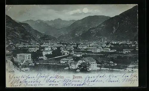 Mondschein-AK Gries-Bozen, Ortsansicht aus der Vogelschau