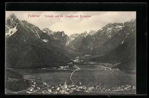 AK Toblach, Ortsansicht mit Pustertal und Ampezzaner Dolomiten