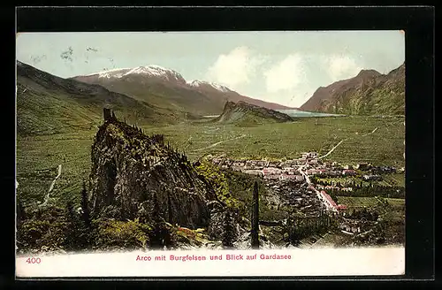 AK Arco, Ortsansicht mit Burgfelsen und Blick auf Gardasee