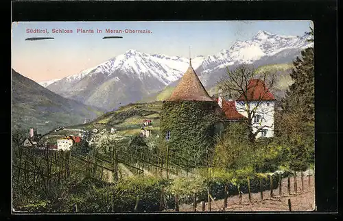 AK Meran-Obermais, Schloss Planta mit Bergpanorama