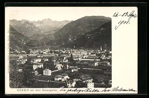 AK Bozen, Ortsansicht mit dem Rosengarten