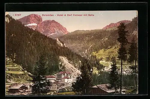 AK Canazei /Dolomiten, Hotel und Dorf mit Sella