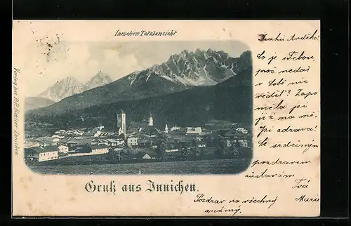 AK Innichen, Totalansicht mit Bergen