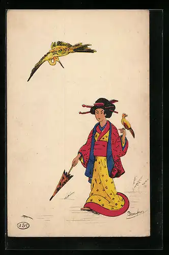 AK Geisha mit zwei Vögeln