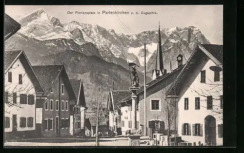 AK Partenkirchen, Floriansplatz mit Zugspitze