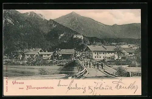 AK Marquartstein, Teilansicht mit Anwohnern auf der Flussbrücke
