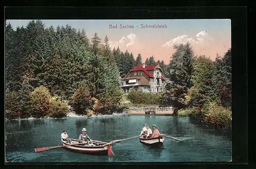 AK Bad Sachsa, Schmelzteich mit Ruderern und Gasthaus