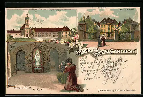 Lithographie Maria Enzersdorf, Alte Kirche, Schloss Hunyady, Lourdes Grotte