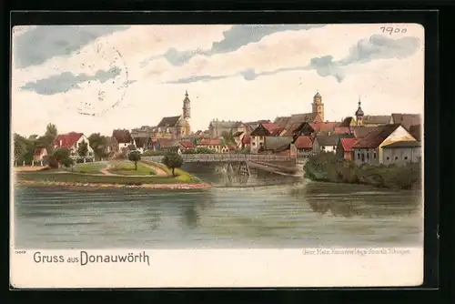 Lithographie Donauwörth, Ortspartie mit Fluss