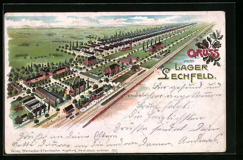 Lithographie Lager Lechfeld, Gesamtansicht aus der Vogelschau