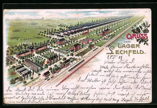 Lithographie Lager Lechfeld, Ansicht aus der Vogelschau