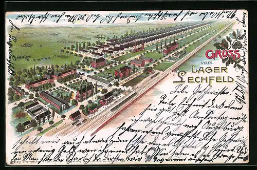 Lithographie Lager Lechfeld, Blick auf as Lager