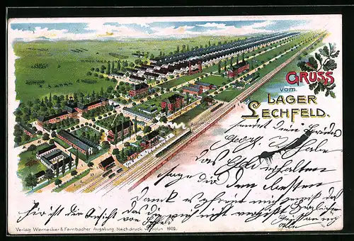 Lithographie Lager Lechfeld, Gesamtansicht mit Zug