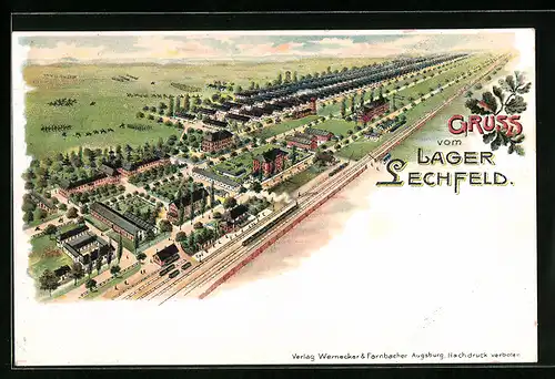 Lithographie Lager Lechfeld, Gesamtansicht vom Lager