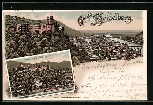 Lithographie Heidelberg, Schloss v. d. Hirschgasse, Fluss