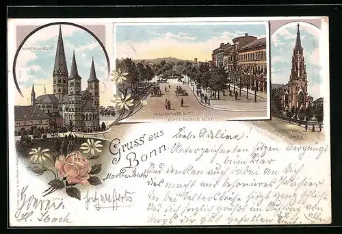 Lithographie Bonn, Kaiserplatz mit Poppelsdorfer Allee, Münsterkirche