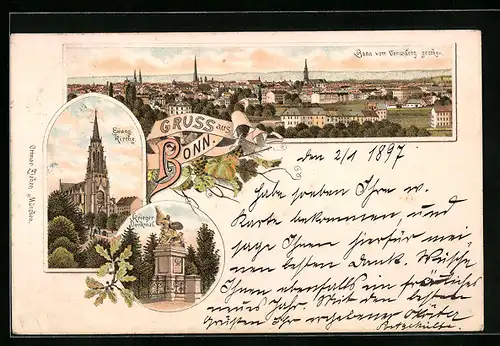 Lithographie Bonn, Evang. Kirche, Krieger Denkmal