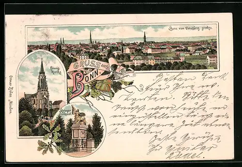 Lithographie Bonn, Evang. Kirche, Krieger Denkmal, Ort vom Venusberg gesehen