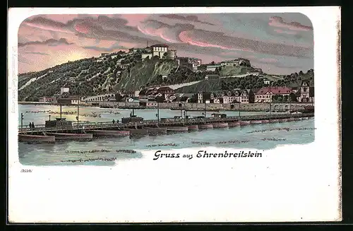 Lithographie Ehrenbreitstein, Ortsansicht mit Fluss